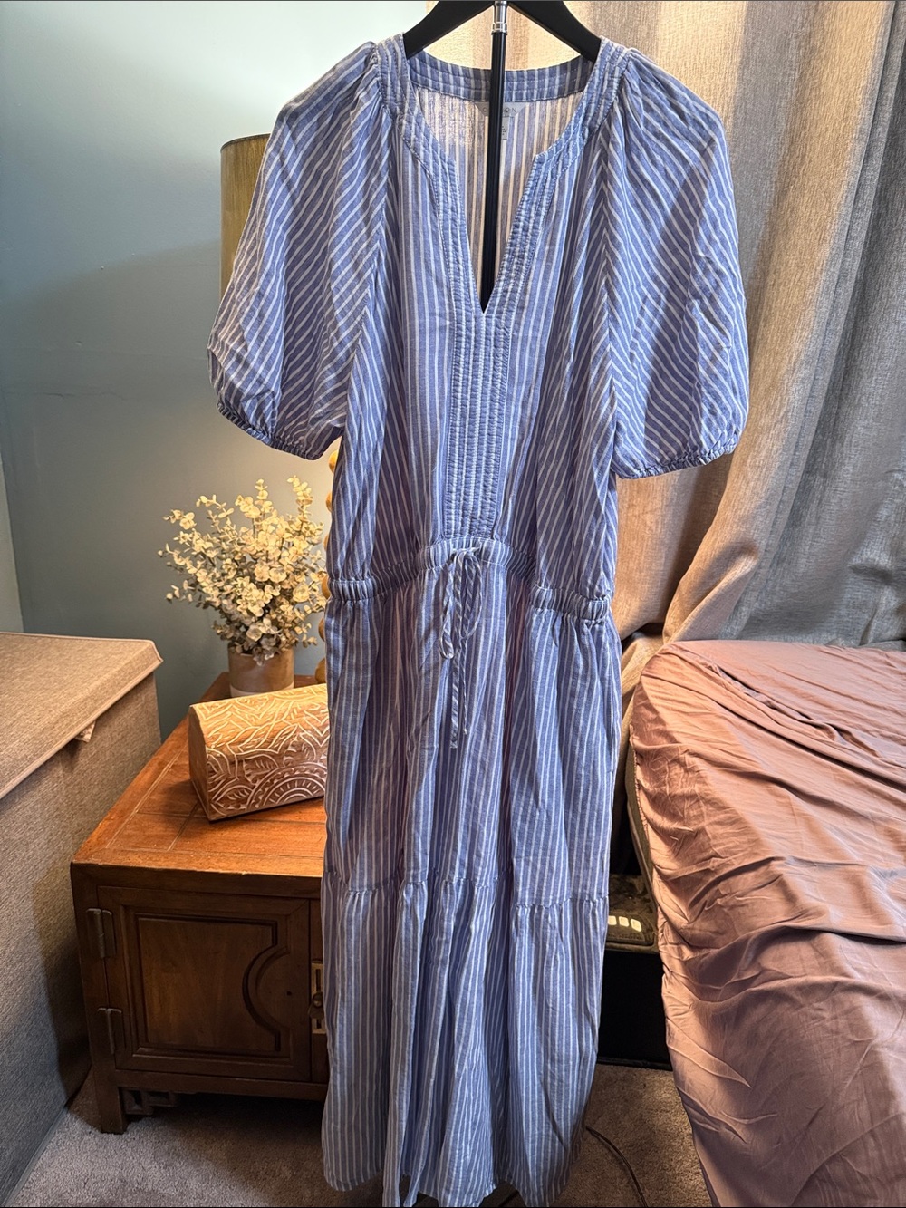 Caslon Blue and White Striped Maxi Dress with Drawstring Waist